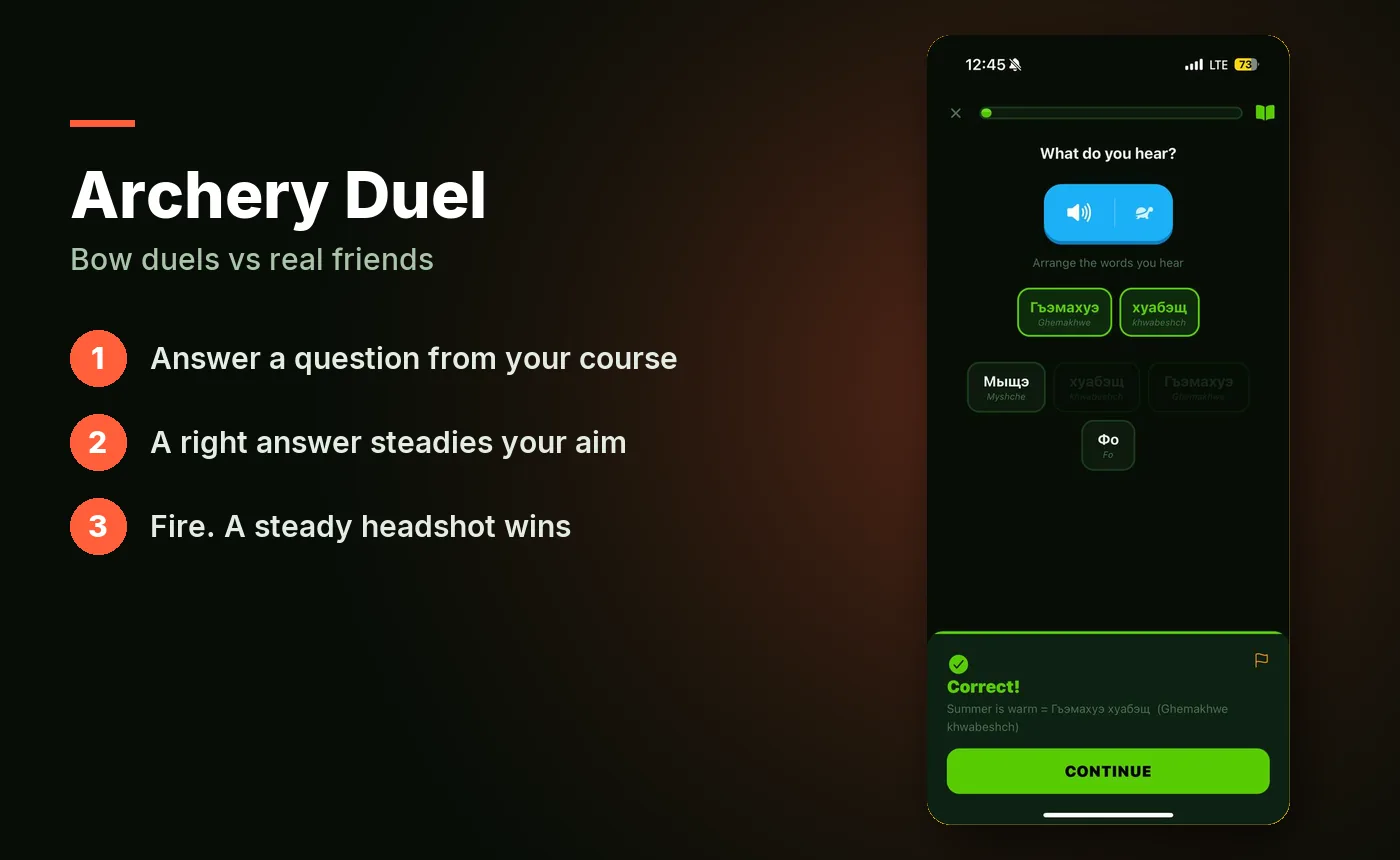 Archery Duel, a Circassian language game: answer a Kabardian or Adyghe question to steady your bow