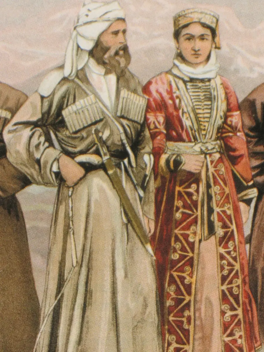 رجل شركسي بالشركسكا وامرأة شركسية بفستان طويل، طباعة حجرية ملوّنة من أواخر القرن التاسع عشر