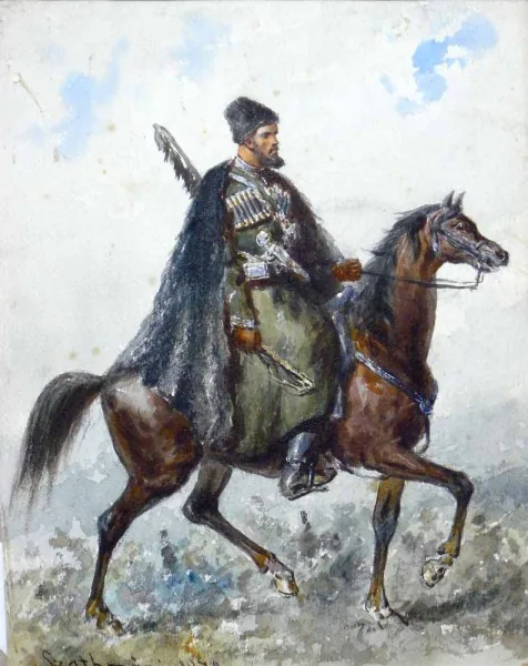 A Circassian horseman in a cherkeska and fur hat, watercolour