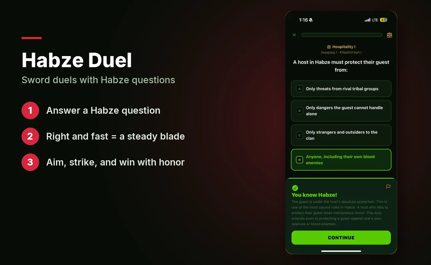 Habze Duel, a Circassian sword duel game where every strike starts with a question about Adyghe Habze