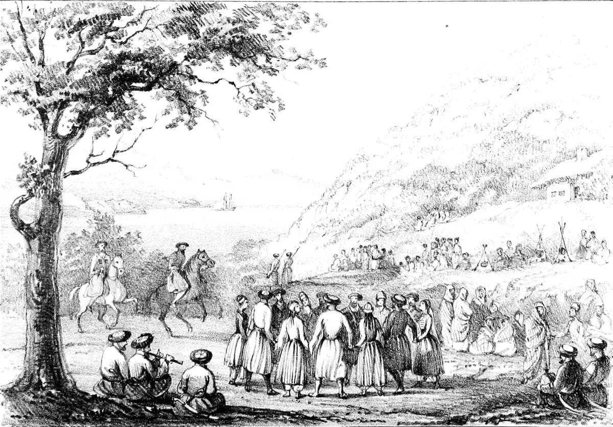 Engraving of a Circassian gathering by the Bay of Semez, by John Augustus Longworth, 1840