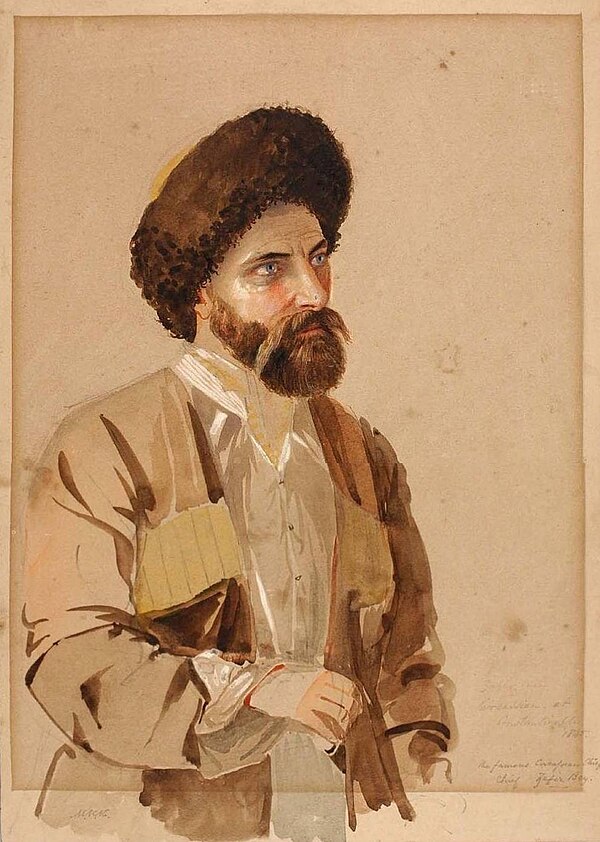 Historical watercolor portrait of a Circassian Adyghe man in traditional papakha