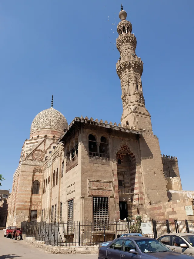 Dome and minaret of the Funerary complex of Sultan Qaytbay in the Northern Cemetery of Cairo