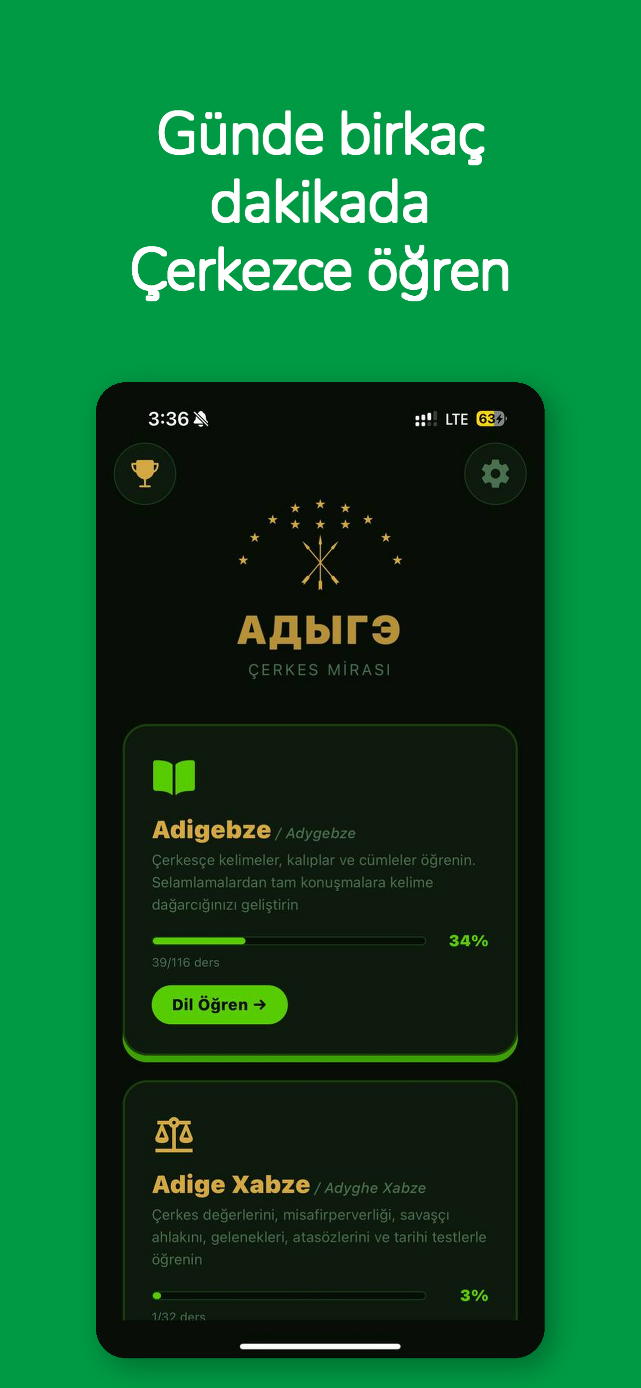 Adığece (Kabardeyce) öğrenme uygulamasının Адыгэ heritage logosu ve Адыгэбзэ kursunu gösteren ana ekranı