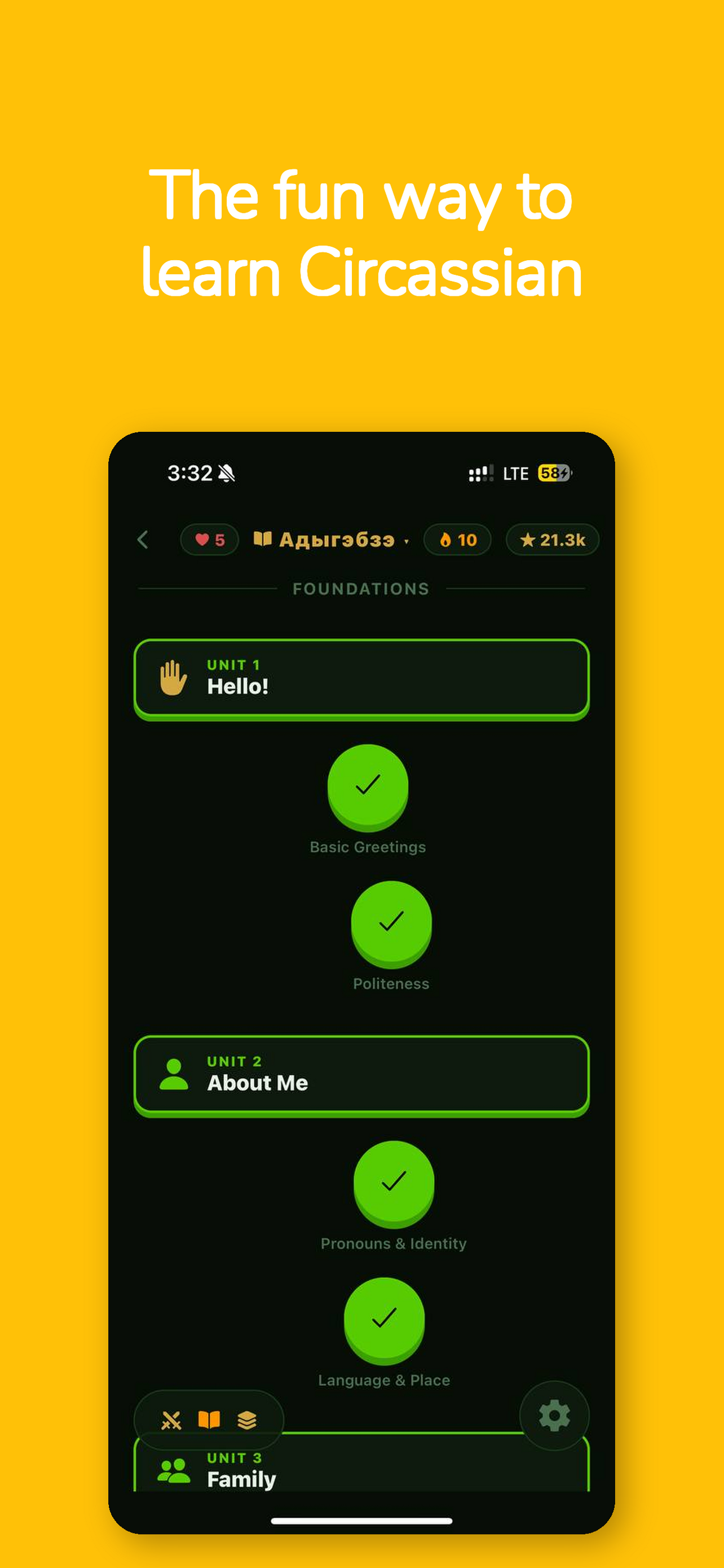 Adyghe learning path with units: Hello, Basic Greetings, Politeness, About Me
